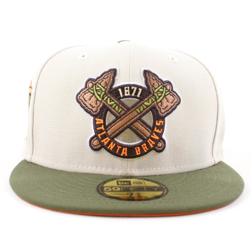 NWOT Sz 7 1/4 ATLANTA BRAVES 150TH SP NE FITTED HAT STONE NEW OLIVE FIGHT ORANGE